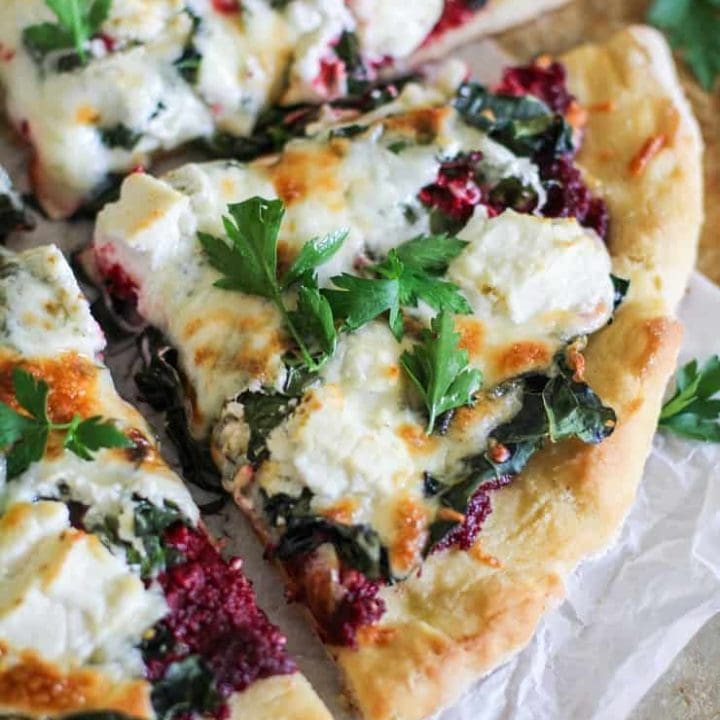 Beet Pesto Pizza with Kale and Goat Cheese - a healthier pizza recipe with gluten-free crust for a nutritious dinner