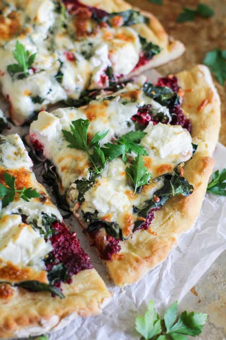 Superfood Pizza with Beet Pesto, Kale and Goat Cheese - a healthier pizza recipe with gluten-free crust for a nutritious dinner