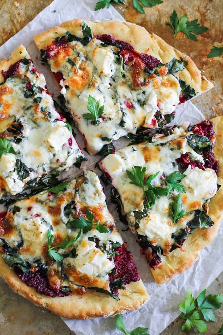 Beet Pesto Pizza with Kale and Goat Cheese on gluten-free crust - a healthier pizza recipe with gluten-free crust for a nutritious dinner