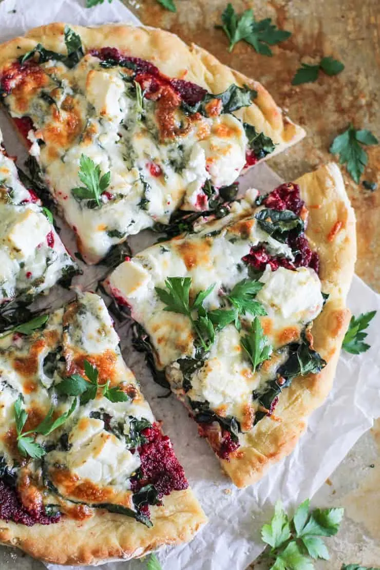 Gluten-Free Beet Pesto Pizza with Kale and Goat Cheese - a healthier pizza recipe with gluten-free crust for a nutritious dinner