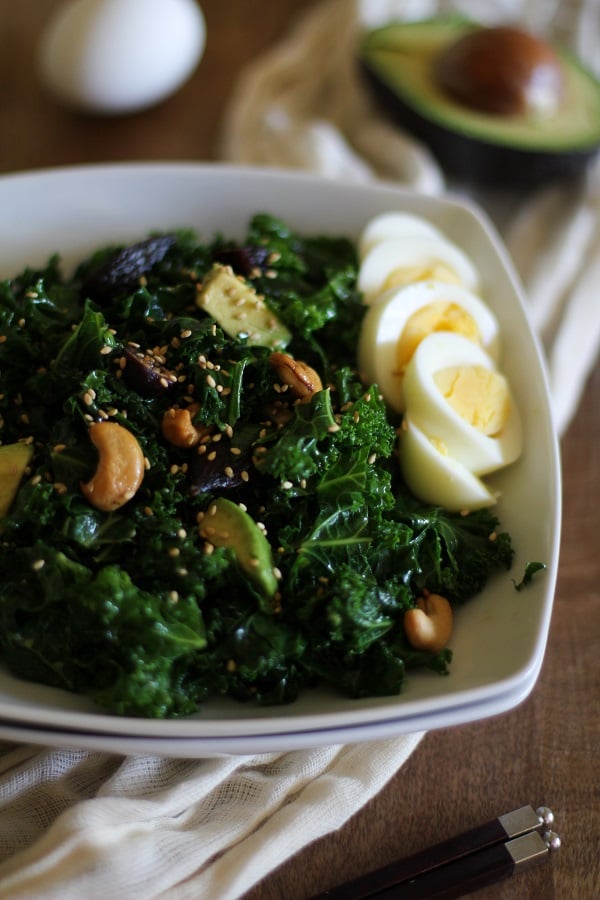 Blanched Kale Salad with Sesame Dressing with Figs and Avocado