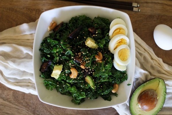 Blanched Kale Salad with Sesame Dressing with Figs and Avocado