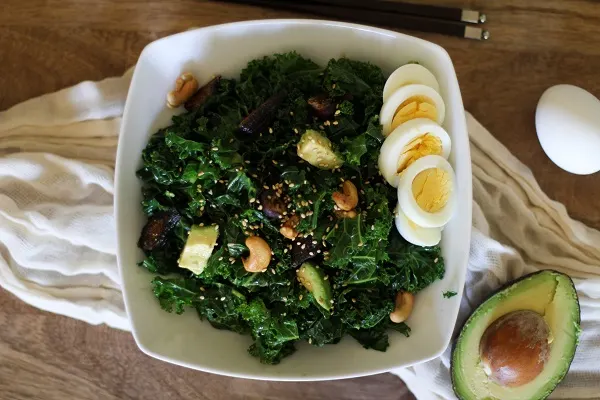 Blanched Kale Salad with Sesame Dressing with Figs and Avocado
