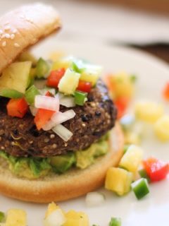 Sprouted Quinoa Black Bean Burger with Pineapple Salsa