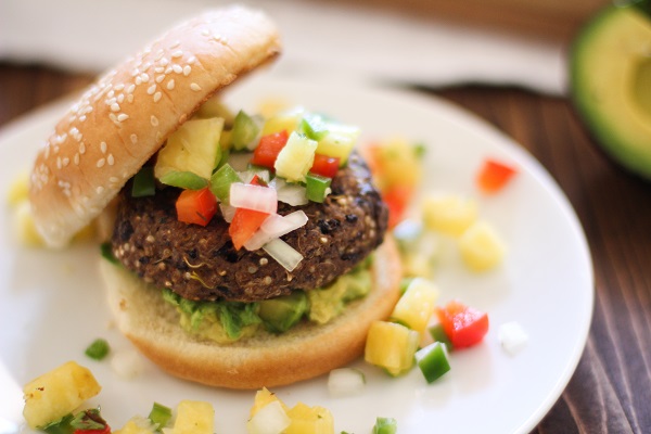 Sprouted Quinoa Black Bean Burger with Pineapple Salsa