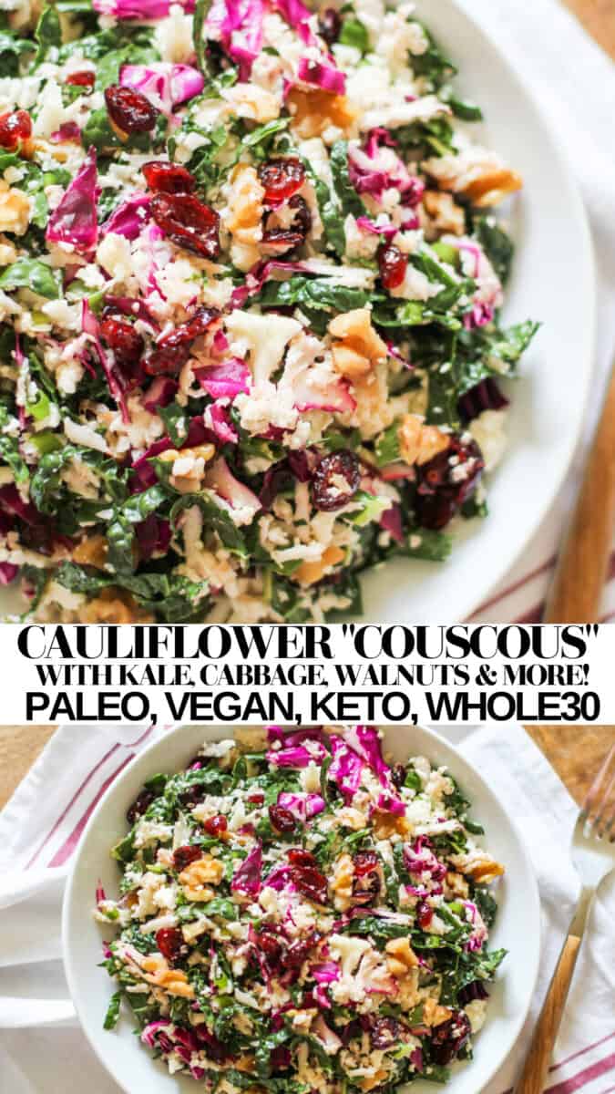 Cauliflower "Couscous" with kale, cabbage, walnuts, dried cranberries and lemon vinaigrette - an amazing nutrient-packed side dish that is paleo, keto, whole30, and low-carb!