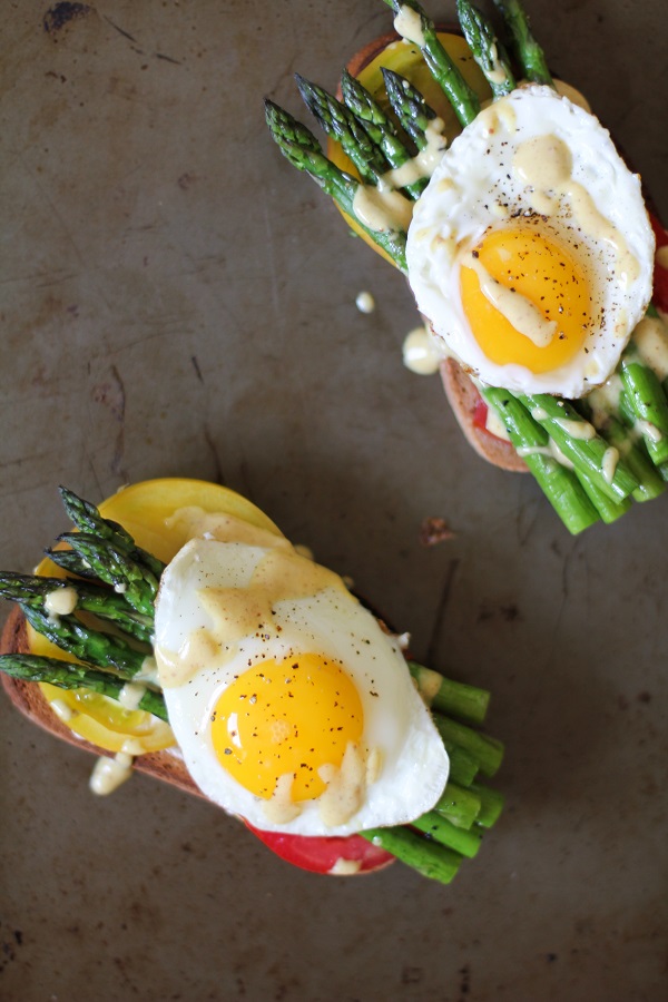 Roasted Asparagus and Tomato Toasts with Mustard Aioli