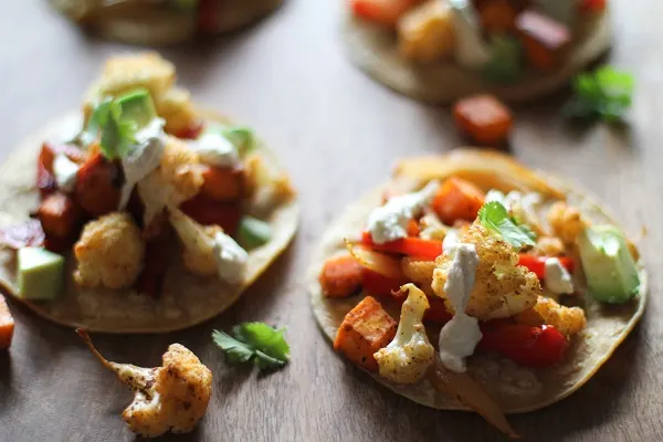 Roasted Vegetable Tacos with Cumin Cashew Crema