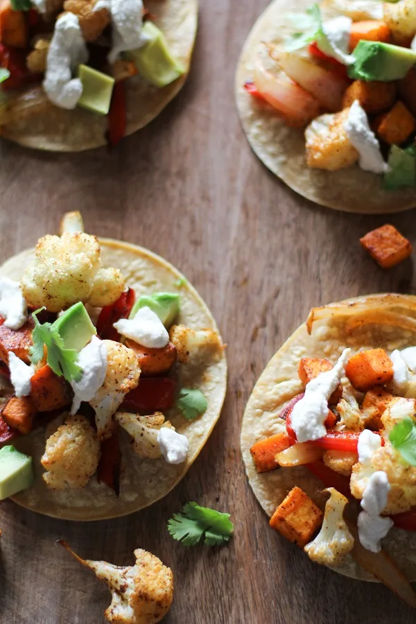 Roasted Vegetable Tacos with Cumin Cashew Crema