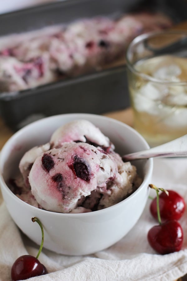 Boozy Roasted Cherry Chocolate Chunk Ice Cream (vegan and naturally sweetened)