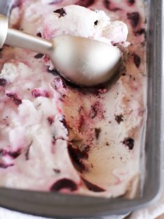 Boozy Roasted Cherry Chocolate Chunk Ice Cream (vegan and naturally sweetened)