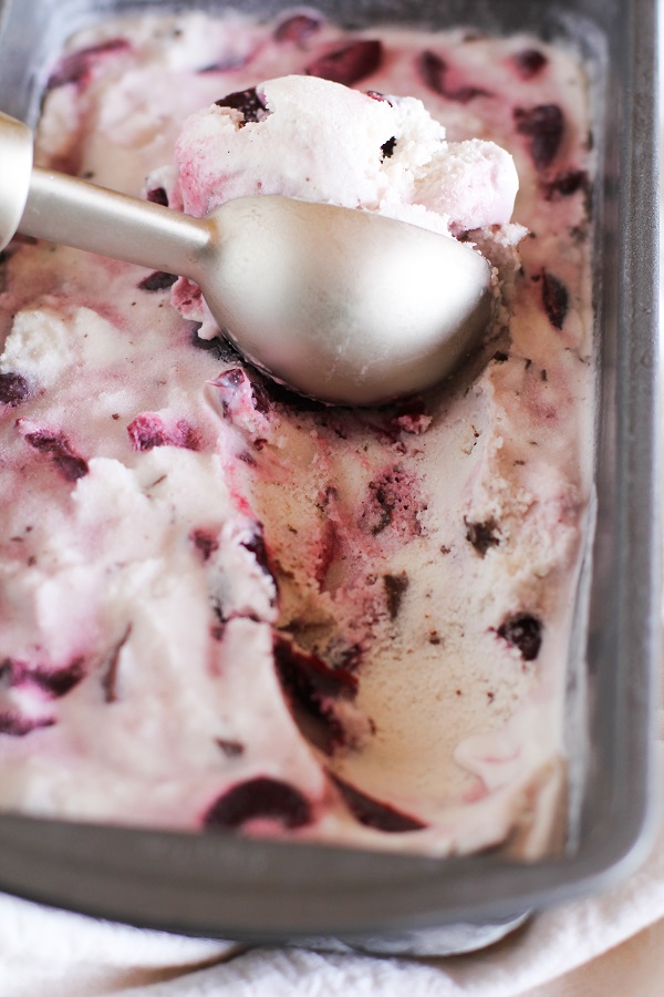 Boozy Roasted Cherry Chocolate Chunk Ice Cream (vegan and naturally sweetened)