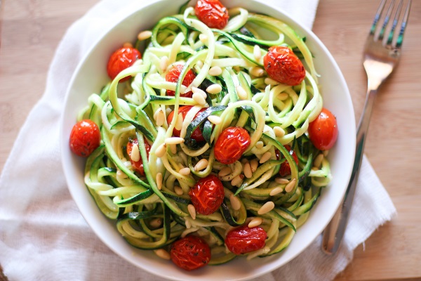 Zucchini Noodles with Roasted Tomatoes and Lemon-Garlic Sauce