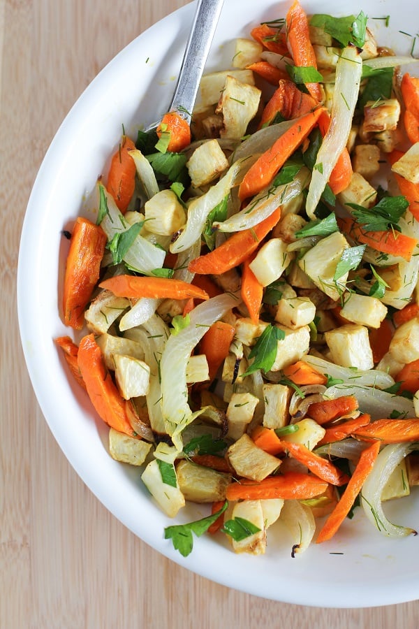 Roasted Celery Root and Carrots with Parsley, Dill, and Lemon