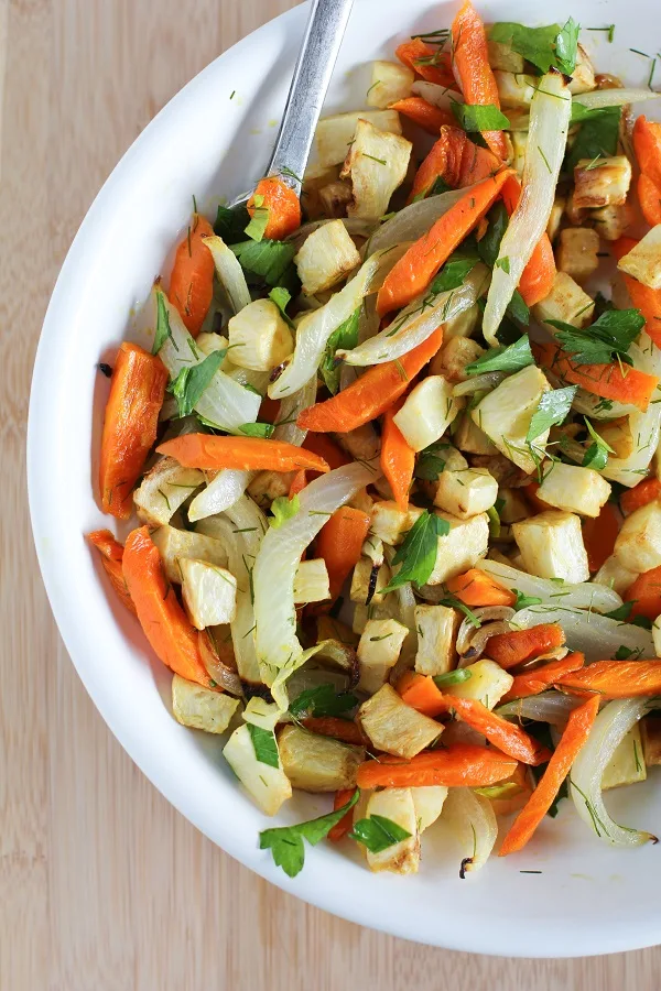 Roasted Celery Root and Carrots with Parsley, Dill, and Lemon