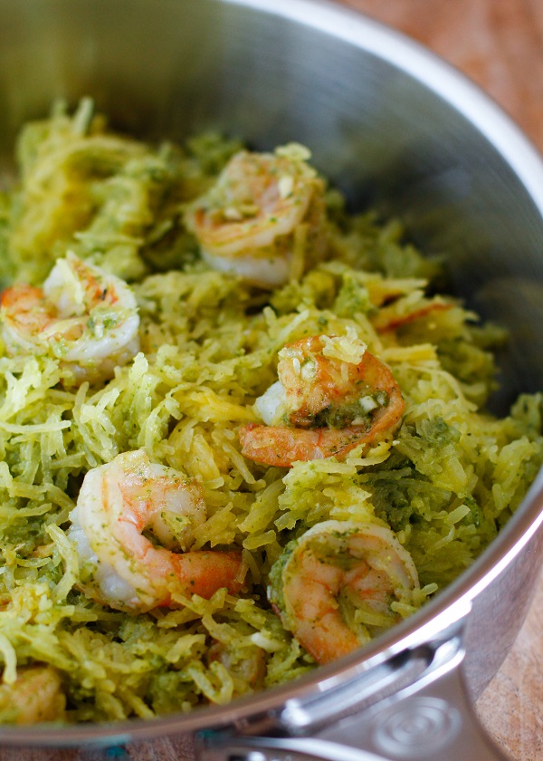 Spaghetti Squash with Pesto and Sautéed Shrimp