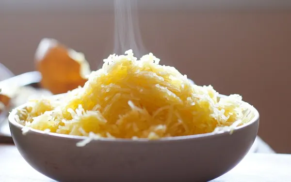 Spaghetti Squash with Pesto and Sautéed Shrimp