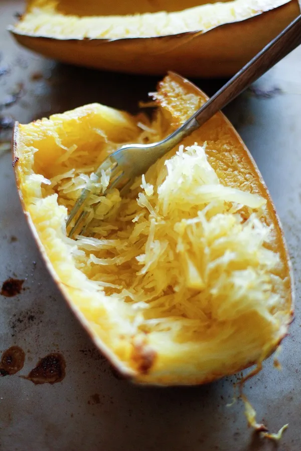 Spaghetti Squash with Pesto and Sautéed Shrimp