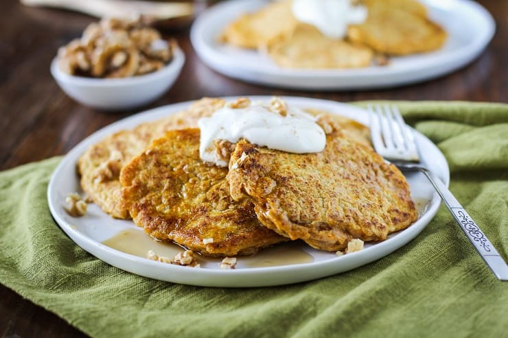 Gluten-Free Butternut Squash Pancakes - a delicious, healthy pancake recipe from TheRoastedRoot.net