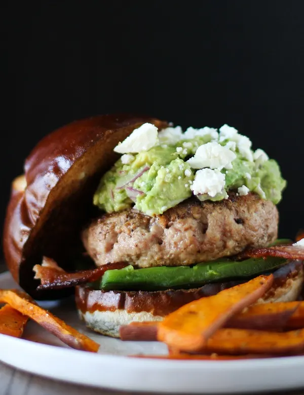 Guacamole Bacon Turkey Burgers with Roasted Poblano Peppers and Queso Fresco