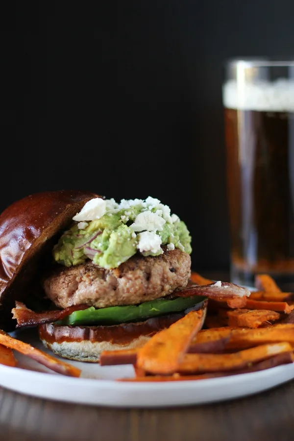 Guacamole Bacon Turkey Burgers with Roasted Poblano Peppers and Queso Fresco