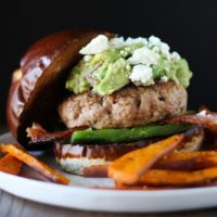 Guacamole Bacon Turkey Burgers with Roasted Poblano Peppers and Queso Fresco