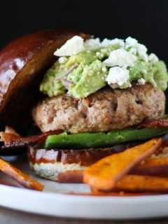 Guacamole Bacon Turkey Burgers with Roasted Poblano Peppers and Queso Fresco