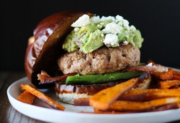 Guacamole Bacon Turkey Burgers with Roasted Poblano Peppers and Queso Fresco