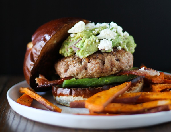 Guacamole Bacon Turkey Burgers with Roasted Poblano Peppers and Queso Fresco
