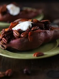 Stuffed Sweet Potatoes with Bourbon Maple Candied Pecans and Cranberries