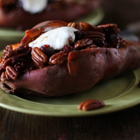 Stuffed Sweet Potatoes with Bourbon Maple Candied Pecans and Cranberries