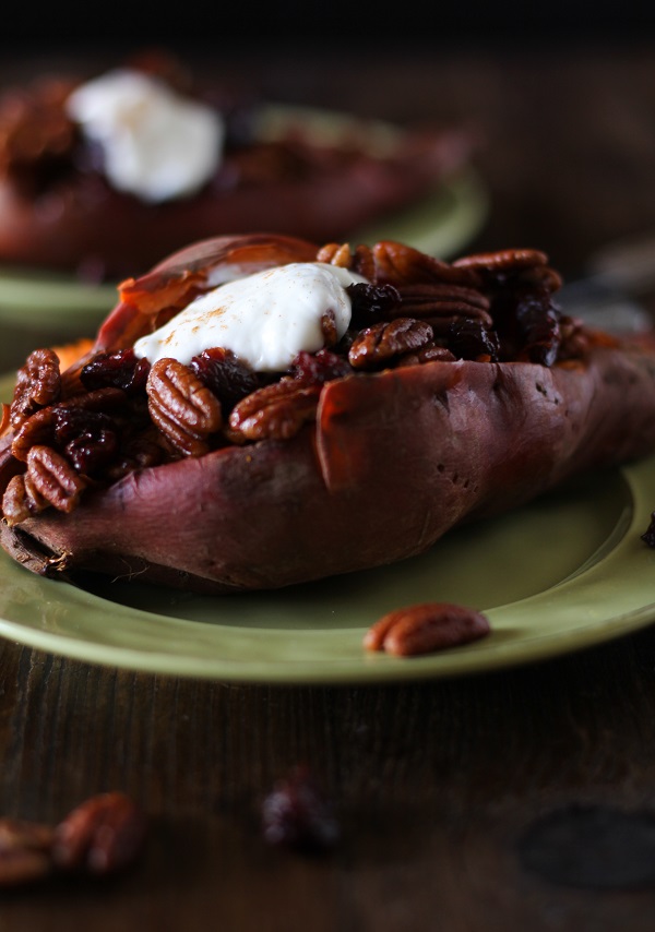 Stuffed Sweet Potatoes with Bourbon Maple Candied Pecans and Cranberries