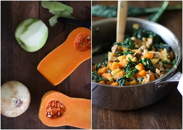 Butternut Squash Hash with Apples, Sausage, and Kale #paleo #breakfast