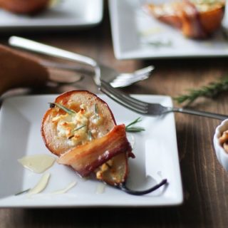 Bacon Wrapped Roasted Pears with Goat Cheese and Honey @roastedroot #appetizer #thanksgiving