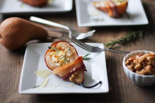 Bacon Wrapped Roasted Pears with Goat Cheese and Honey