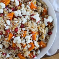 Brown Rice with Butternut Squash, Pomegranate Seeds, and Goat Cheese with Citrus Dressing