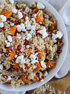 Brown Rice with Butternut Squash, Pomegranate Seeds, and Goat Cheese with Citrus Dressing