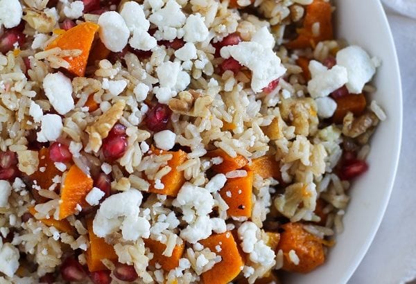 Brown Rice with Butternut Squash, Pomegranate Seeds, and Goat Cheese with Citrus Dressing