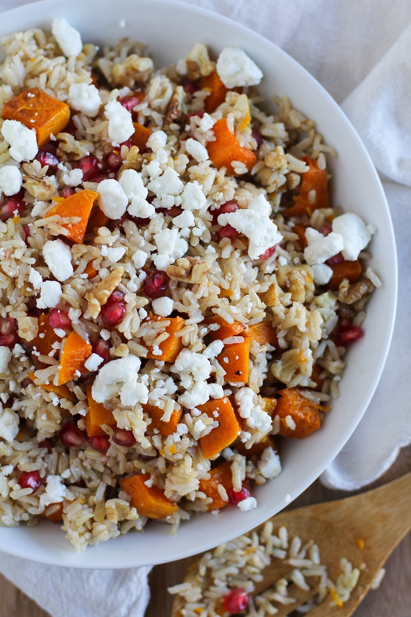 Brown Rice with Butternut Squash, Pomegranate Seeds, and Goat Cheese with Citrus Dressing