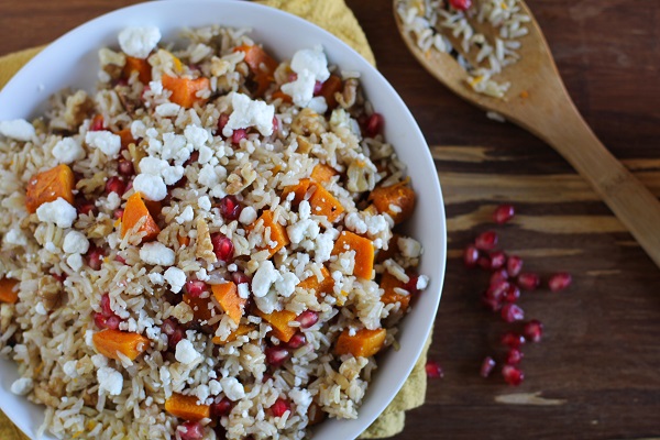 Brown Rice with Butternut Squash, Pomegranate Seeds, Goat Cheese, and walnuts with citrus dressing