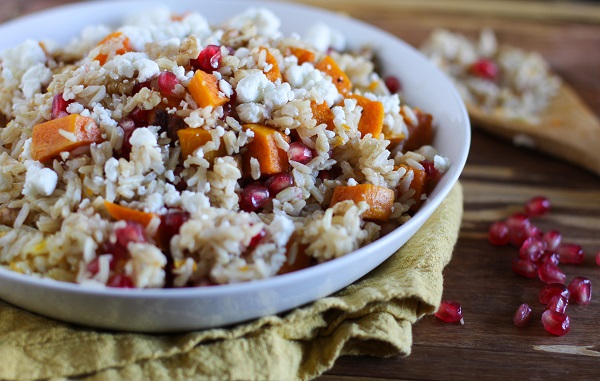 Brown Rice with Butternut Squash, Pomegranate Seeds, and Goat Cheese