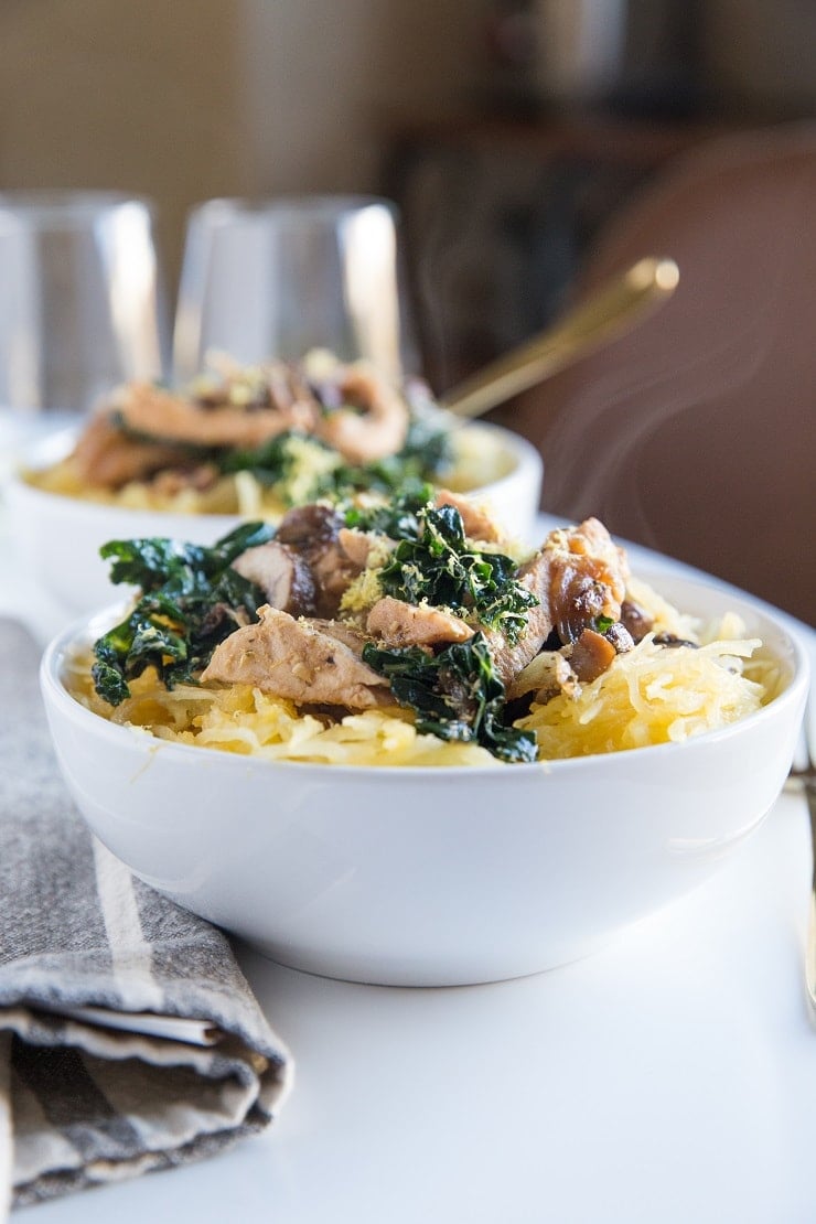 Garlicky Spaghetti Squash with Chicken, Mushrooms, and Kale