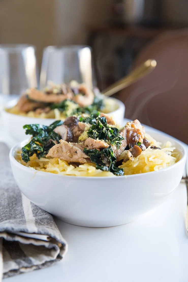 Garlicky Spaghetti Squash with Chicken, Mushrooms, and Kale - paleo, whole30, keto, and easy to make for a healthy dinner recipe