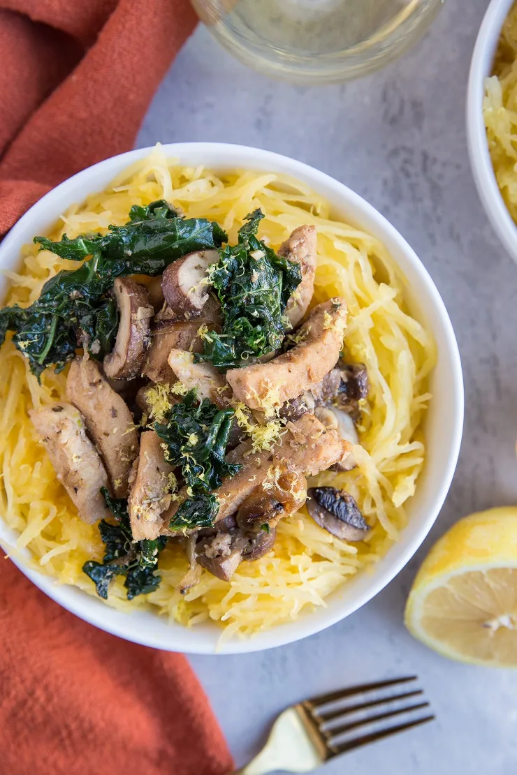 Garlicky Spaghetti Squash with Chicken, kale, mushrooms, and onion - an easy healthy low-carb dinner recipe
