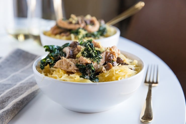 Spaghetti Squash with Chicken, kale, mushrooms, garlic and onion - a healthy low-carb dinner recipe