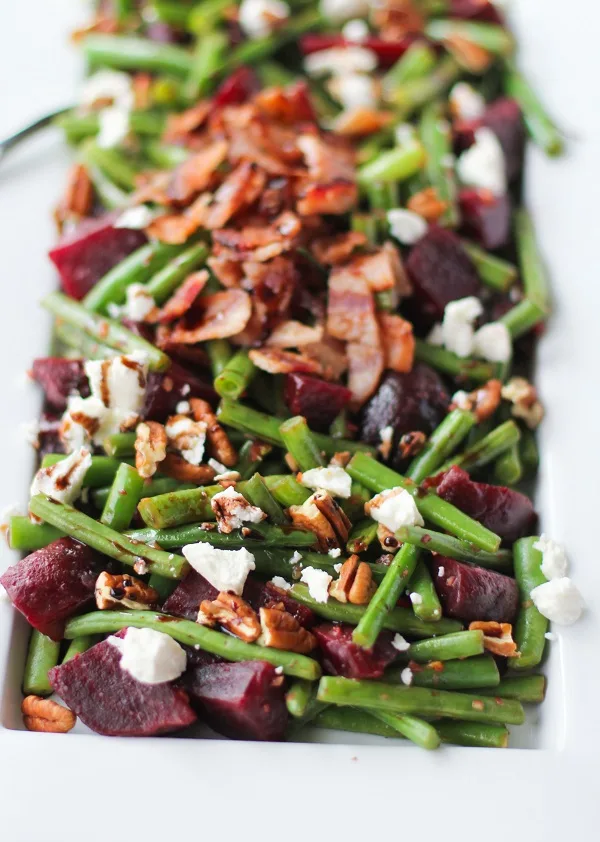Green Beans and Beets with Bacon, Goat Cheese, Pecans, and Balsamic Reduction