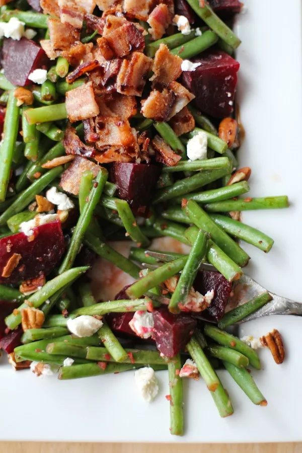 Green Beans and Beets with Bacon, Goat Cheese, Pecans, and Balsamic Reduction