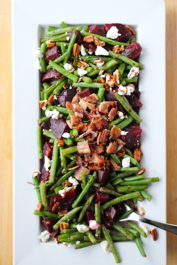 Green Beans and Beets with Bacon, Goat Cheese, Pecans, and Balsamic Reduction