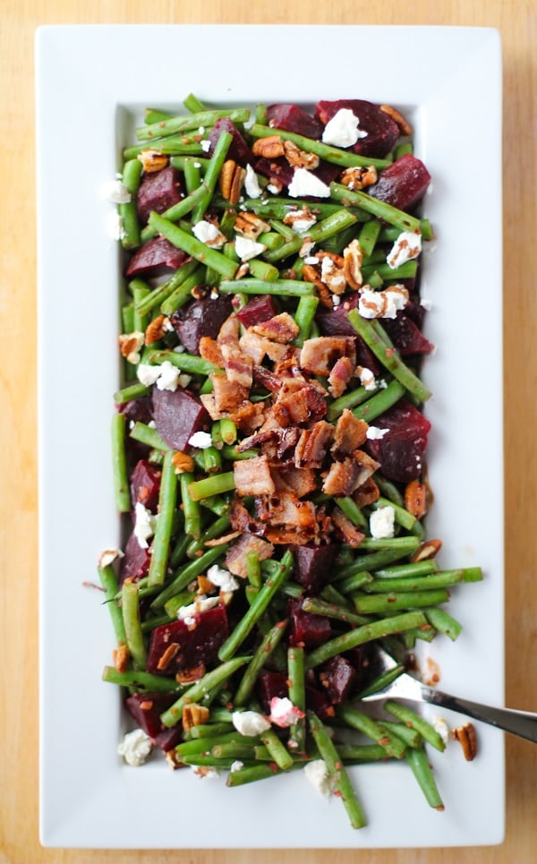 Green Beans and Beets with Bacon, Goat Cheese, Pecans, and Balsamic Reduction