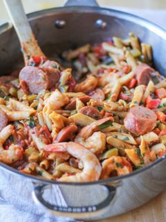 One Pot Shrimp Gumbo Pasta | TheRoastedRoot.net #dinner #recipe #glutenfree